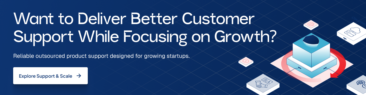 Startup customer support outsourcing illustration showing scalable product support services that help businesses improve customer experience and growth.